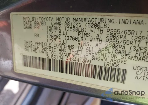 2004 Toyota Tundra Sr5 V8 z USA, uszkodzony, nr VIN 5TBRT34144S441869